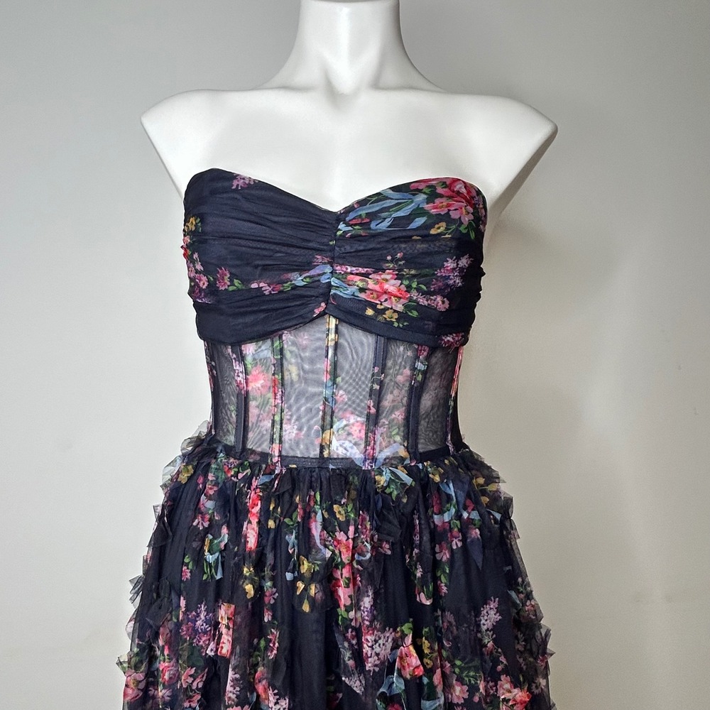 Dressalisa Maxi‎ Gown Womens S Navy Gently Used Floral Corset Tiered Ruffle Mesh - Picture 3 of 16